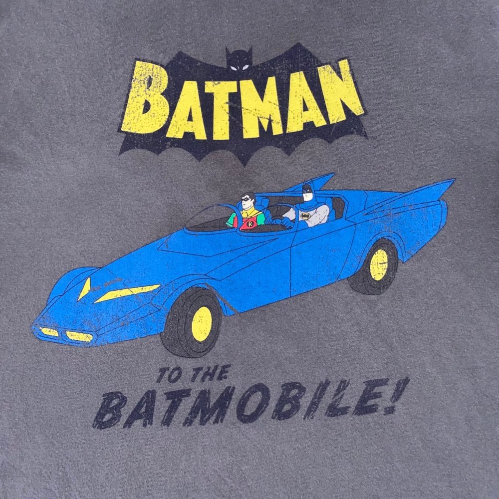 Batman and Robin DC Comics To The Batmobile Retro Gray Mens T-Shirt Size Large